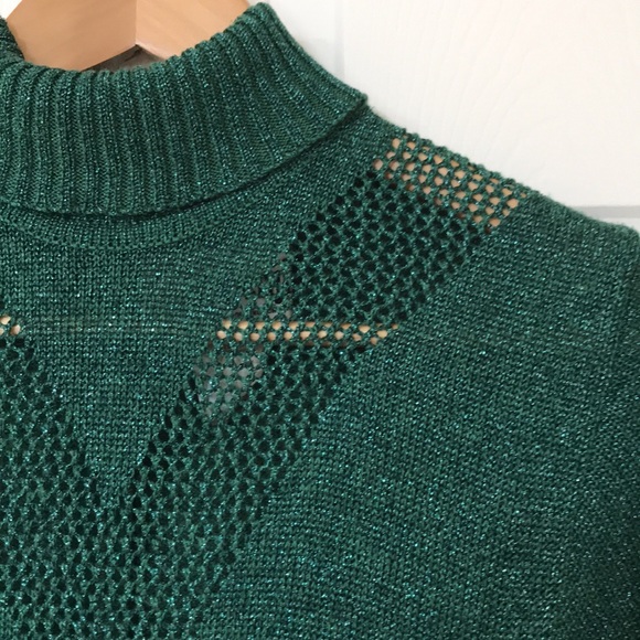 Vintage Wenjilli Metallic Knit Long Sleeve Maxi Dress Turtle Neck; Mesh V @ Neck - Picture 3 of 16